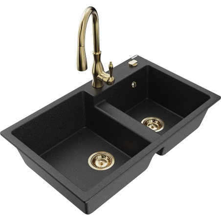 Mexen Tomas Granit-Spülbecken 2-Kammer mit Küchenarmatur Savita, schwarz/silber Metallic - 6516-73-672601-50