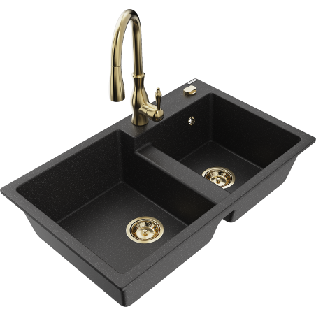 Mexen Tomas Granitspüle 2-Kammer mit Küchenarmatur Savita, schwarz/silber metallic - 6516-73-672601-50