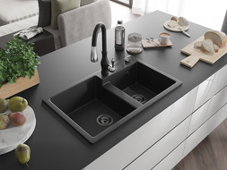 Mexen Tomas Granitspüle 2-Kammer mit Küchenarmatur Savita, schwarz/silber metallic - 6516-73-672601-70-B