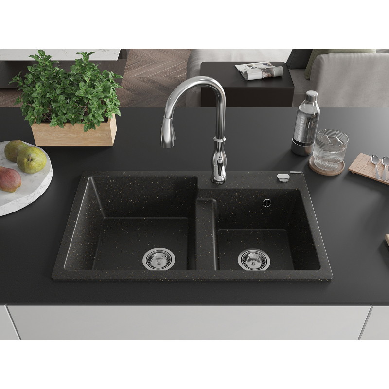 Mexen Tomas Granitspüle 2-Kammern mit Küchenarmatur Savita, schwarz/goldener Metallic - 6516-75-672601-00