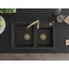 Mexen Tomas Granitspüle 2-beckig mit Küchenarmatur Savita, schwarz/gold metallic - 6516-75-672601-50
