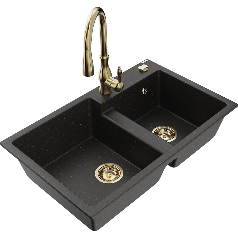 Mexen Tomas Granitspüle 2-beckig mit Küchenarmatur Savita, schwarz/gold metallic - 6516-75-672601-50
