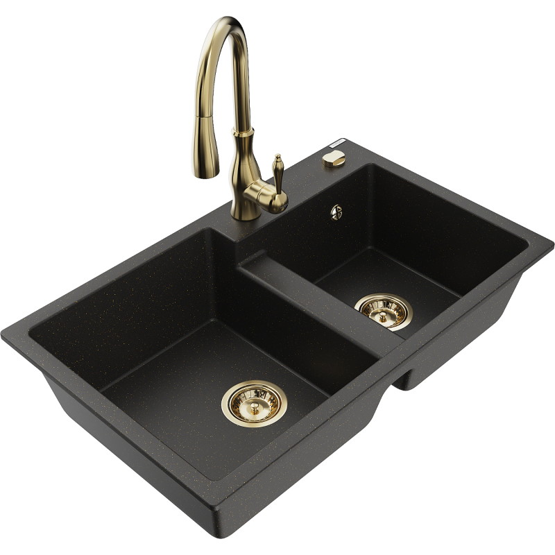 Mexen Tomas Granitspüle 2-Kammer mit Kücharmatur Savita, Schwarz/Gold Metallic - 6516-75-672601-50