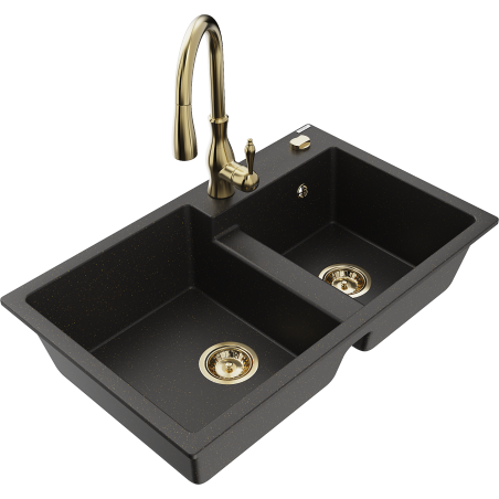 Mexen Tomas Granitspüle 2-beckig mit Küchenarmatur Savita, schwarz/gold metallic - 6516-75-672601-50