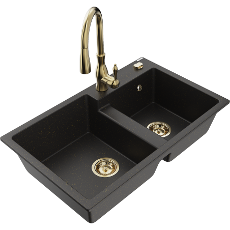 Mexen Tomas Granitspüle 2-Kammer mit Kücharmatur Savita, Schwarz/Gold Metallic - 6516-75-672601-50