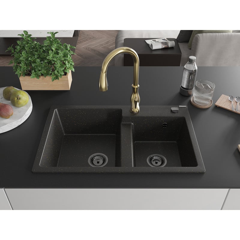 Mexen Tomas Granitspüle 2-Becken mit Küchenarmatur Savita, Schwarz/Gold Metallic - 6516-75-672601-50-B