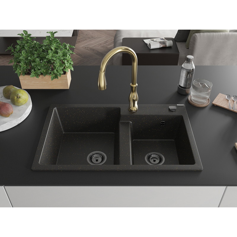Mexen Tomas Granitspüle 2-Kammer mit Küchenarmatur Savita, schwarz/goldener Metallic - 6516-75-672601-50-B