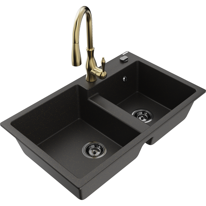 Mexen Tomas Granitspüle 2-Becken mit Küchenarmatur Savita, Schwarz/Gold Metallic - 6516-75-672601-50-B