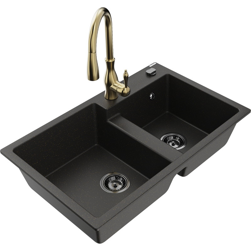Mexen Tomas Granitspüle 2-Kammer mit Küchenarmatur Savita, schwarz/goldener Metallic - 6516-75-672601-50-B