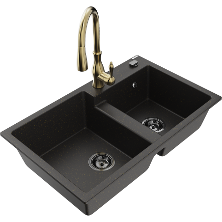 Mexen Tomas Granitspüle 2-Becken mit Küchenarmatur Savita, Schwarz/Gold Metallic - 6516-75-672601-50-B