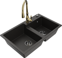 Mexen Tomas Granitspüle 2-Becken mit Küchenarmatur Savita, Schwarz/Gold Metallic - 6516-75-672601-50-B