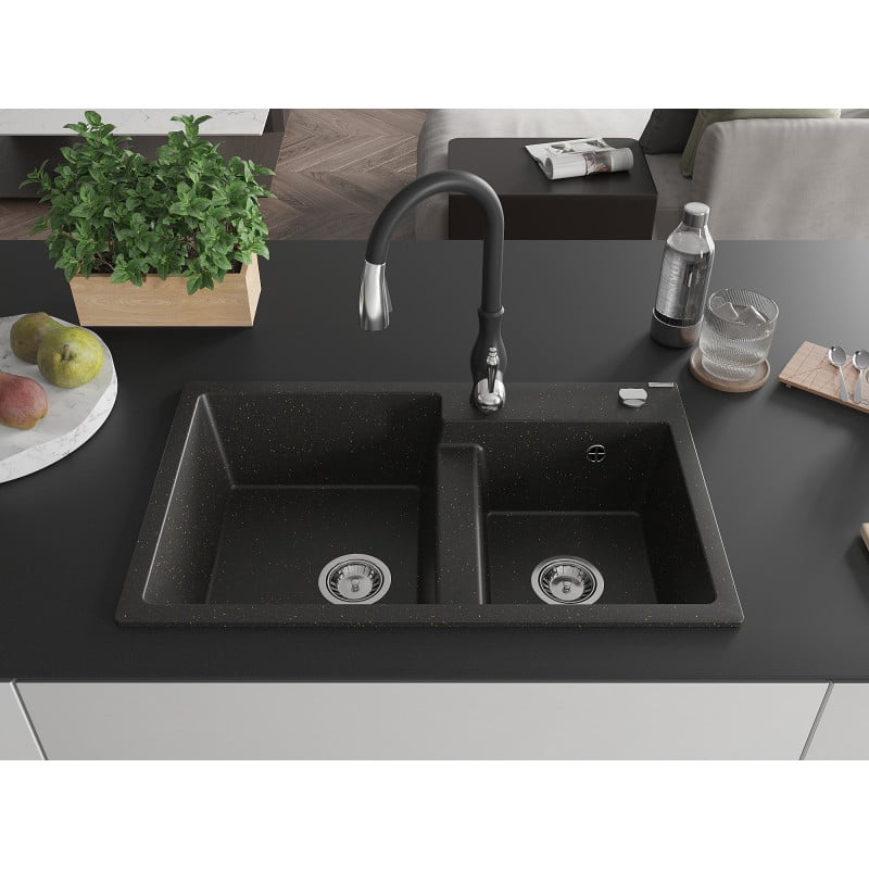 Mexen Tomas Granitspüle 2-becken mit Küchenarmatur Savita, Schwarz/Gold Metallic - 6516-75-672601-70