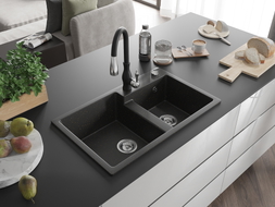 Mexen Tomas Granitspüle 2-becken mit Küchenarmatur Savita, Schwarz/Gold Metallic - 6516-75-672601-70