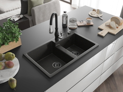 Mexen Tomas Granitspüle 2-Kammer mit Küchenarmatur Savita, schwarz/gold metallic - 6516-75-672601-70-B