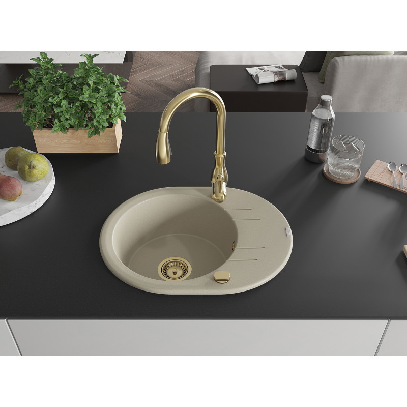 Mexen Kevin Granitspüle 1-beckig mit Abtropffläche und Küchenarmatur Savita, beige - 6517-69-672601-50