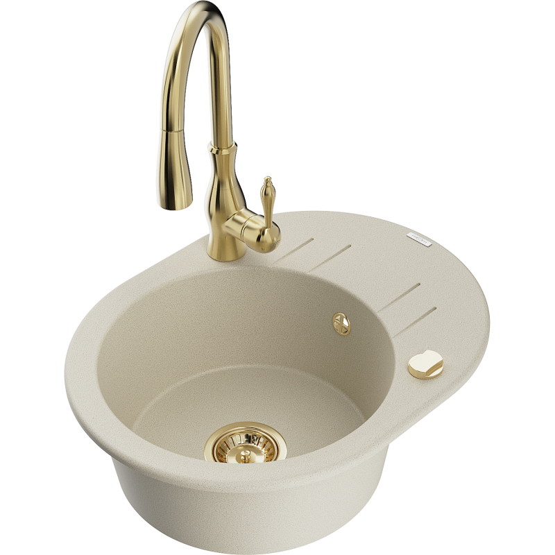 Mexen Kevin Granitspüle 1-Becken mit Abtropffläche und Küchenarmatur Savita, beige - 6517-69-672601-50