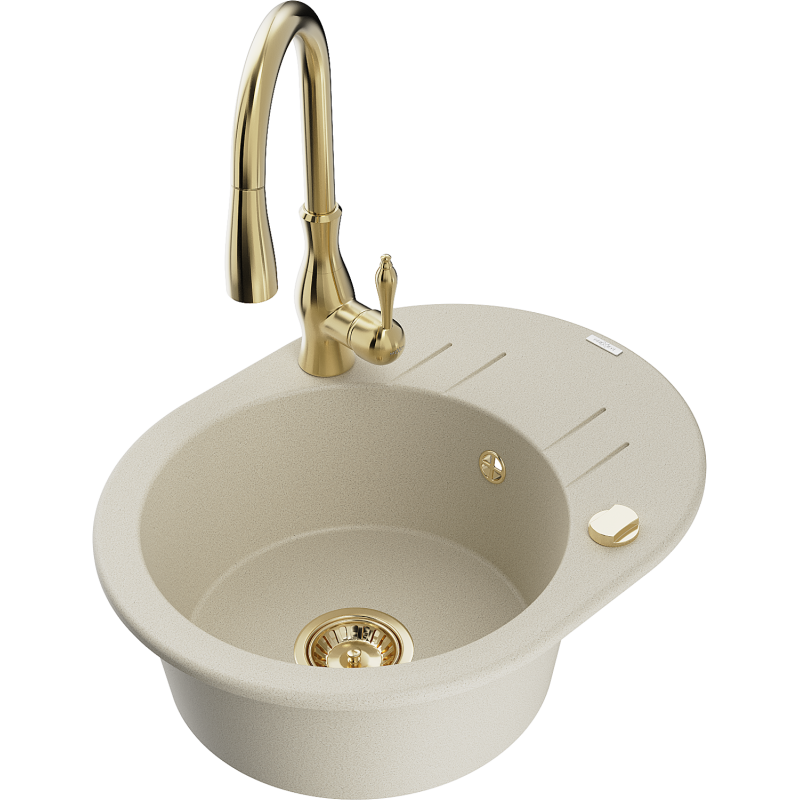 Mexen Kevin Granitspüle 1-beckig mit Abtropffläche und Küchenarmatur Savita, beige - 6517-69-672601-50
