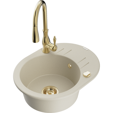 Mexen Kevin Granitspüle 1-Becken mit Abtropffläche und Küchenarmatur Savita, beige - 6517-69-672601-50