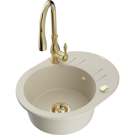 Mexen Kevin Granitspüle 1-beckig mit Abtropffläche und Küchenarmatur Savita, beige - 6517-69-672601-50