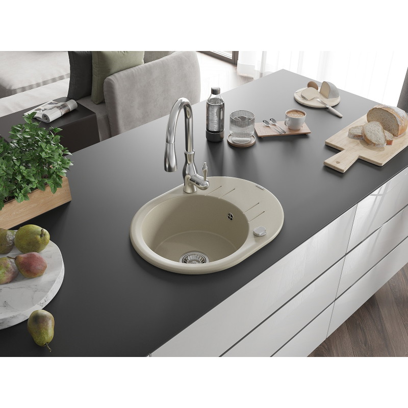 Mexen Kevin 1-Becken Granitspüle mit Abtropffläche und Küchenarmatur Savita, beige - 6517-69-672601-00