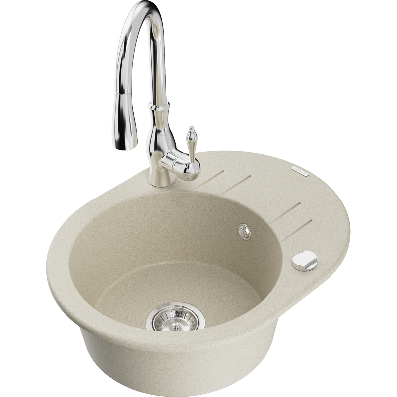 Mexen Kevin Granitspüle 1-beckig mit Abtropffläche und Küchenarmatur Savita, beige - 6517-69-672601-00