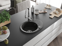 Mexen Kevin Spülbecken Granit 1-Kammer mit Abtropffläche und Küchenarmatur Savita, Schwarz/Gold Metallic - 6517-75-672601-00