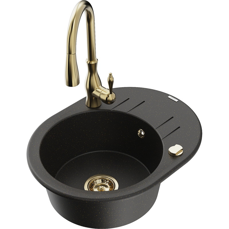 Mexen Kevin Granit-Spüle 1-beckig mit Abtropffläche und Küchenarmatur Savita, schwarz/gold metallic - 6517-75-672601-50