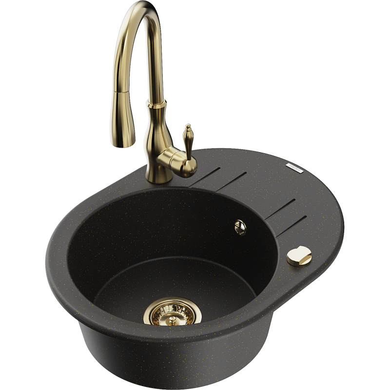 Mexen Kevin Granitspüle 1-beckig mit Abtropffläche und Küchenarmatur Savita, schwarz/gold metallic - 6517-75-672601-50