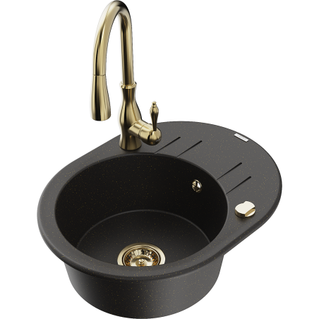 Mexen Kevin Granitspüle 1-beckig mit Abtropffläche und Küchenarmatur Savita, schwarz/gold metallic - 6517-75-672601-50