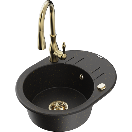 Mexen Kevin Granitspüle 1-Kammer mit Abtropffläche und Küchenarmatur Savita, schwarz/gold metallic - 6517-75-672601-50