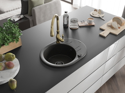 Mexen Kevin Granitspüle 1-beckig mit Abtropffläche und Küchenarmatur Savita, schwarz/gold metallic - 6517-75-672601-50-B