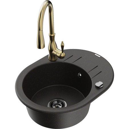 Mexen Kevin Granitspüle 1-Becken mit Abtropffläche und Küchenarmatur Savita, schwarz/gold metallic - 6517-75-672601-50-B