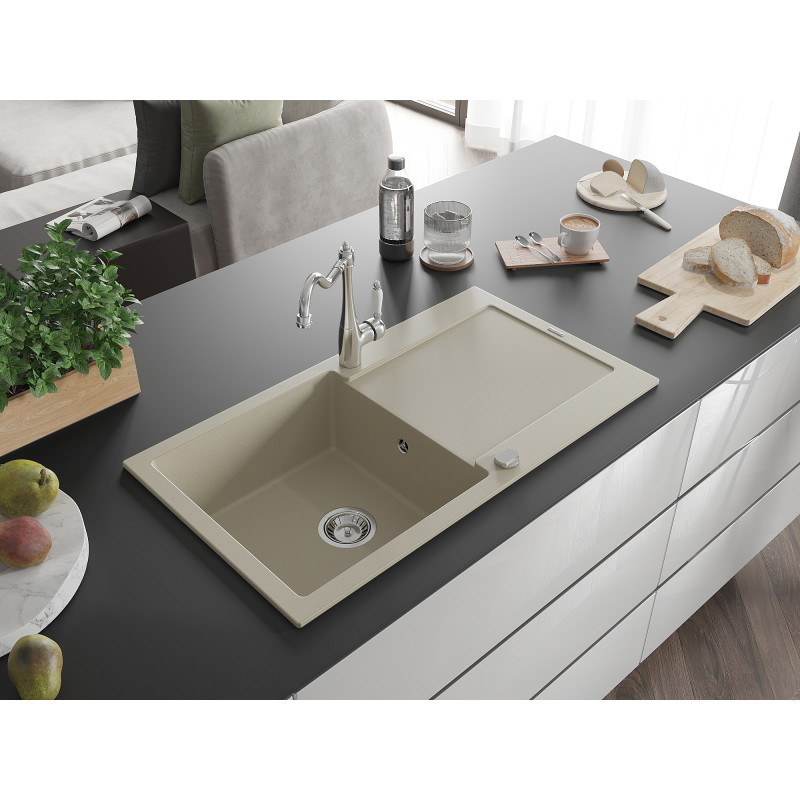 Mexen Leo Granitspüle 1-Becken mit Abtropffläche und Küchenarmatur Carla, beige - 6501-69-670700-00