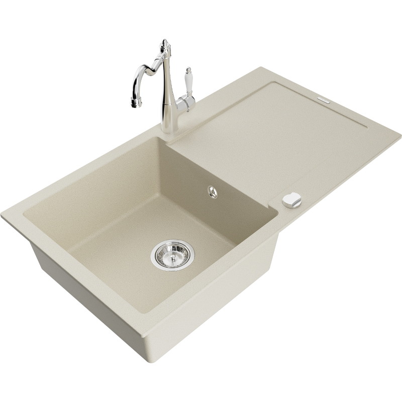 Mexen Leo Granitspüle 1-Kammer mit Abtropffläche und Küchenarmatur Carla, beige - 6501-69-670700-00