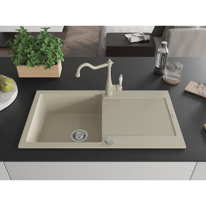 Mexen Leo Granitspüle 1-Becken mit Abtropffläche und Küchenarmatur Carla, beige - 6501-69-670700-69