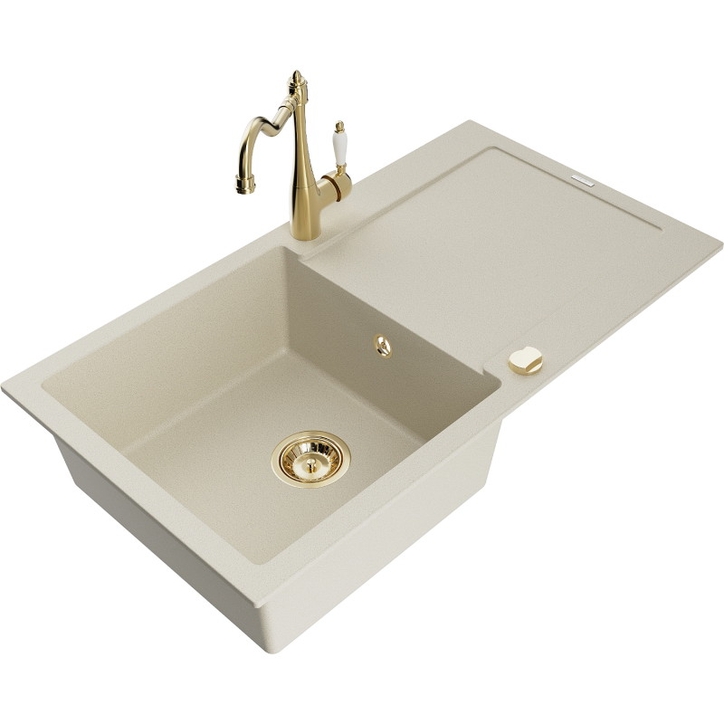 Mexen Leo 1-Bowl Granitspüle mit Abtropffläche und Küchenarmatur Carla, beige - 6501-69-670700-50