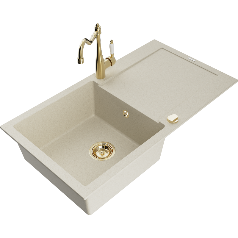 Mexen Leo Granitspüle 1-Becken mit Abtropffläche und Küchenarmatur Carla, beige - 6501-69-670700-50