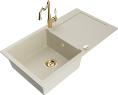 Mexen Leo Granitspüle 1-Becken mit Abtropffläche und Küchenarmatur Carla, beige - 6501-69-670700-50