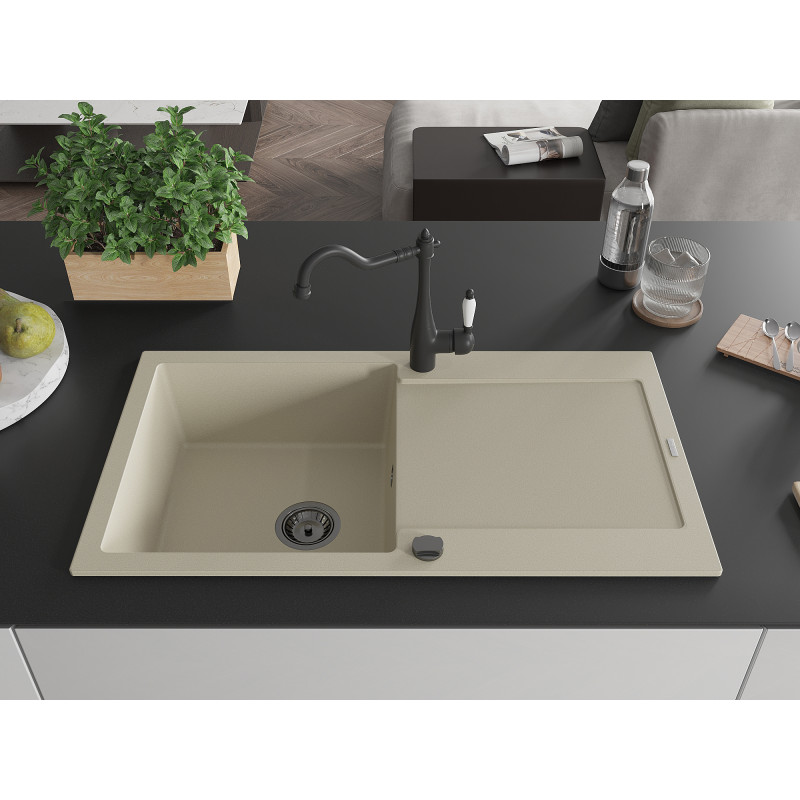 Mexen Leo Einzelbecken Granitspüle mit Abtropffläche und Küchenarmatur Carla, beige - 6501-69-670700-70