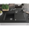 Mexen Leo Granitspüle 1-beckig mit Abtropffläche und Küchenarmatur Carla, schwarz/silber metallic - 6501-73-670700-00