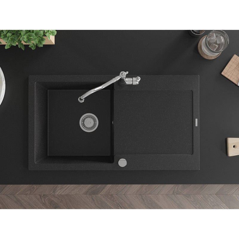 Mexen Leo Granitspüle 1-Becken mit Abtropffläche und Küchenarmatur Carla, Schwarz/Silber Metallic - 6501-73-670700-00