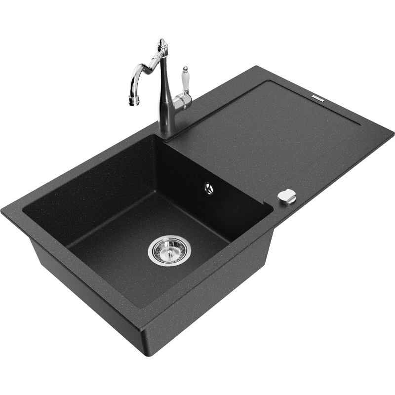 Mexen Leo Granitspüle 1-beckig mit Abtropffläche und Küchenarmatur Carla, schwarz/silber metallic - 6501-73-670700-00