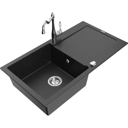 Mexen Leo Granitspüle 1-Becken mit Abtropffläche und Küchenarmatur Carla, Schwarz/Silber Metallic - 6501-73-670700-00