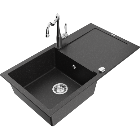 Mexen Leo Granitspüle 1-beckig mit Abtropffläche und Küchenarmatur Carla, schwarz/silber metallic - 6501-73-670700-00