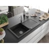Mexen Leo Granitspüle 1-beckig mit Abtropffläche und Küchenarmatur Carla, schwarz/silber metallic - 6501-73-670700-00