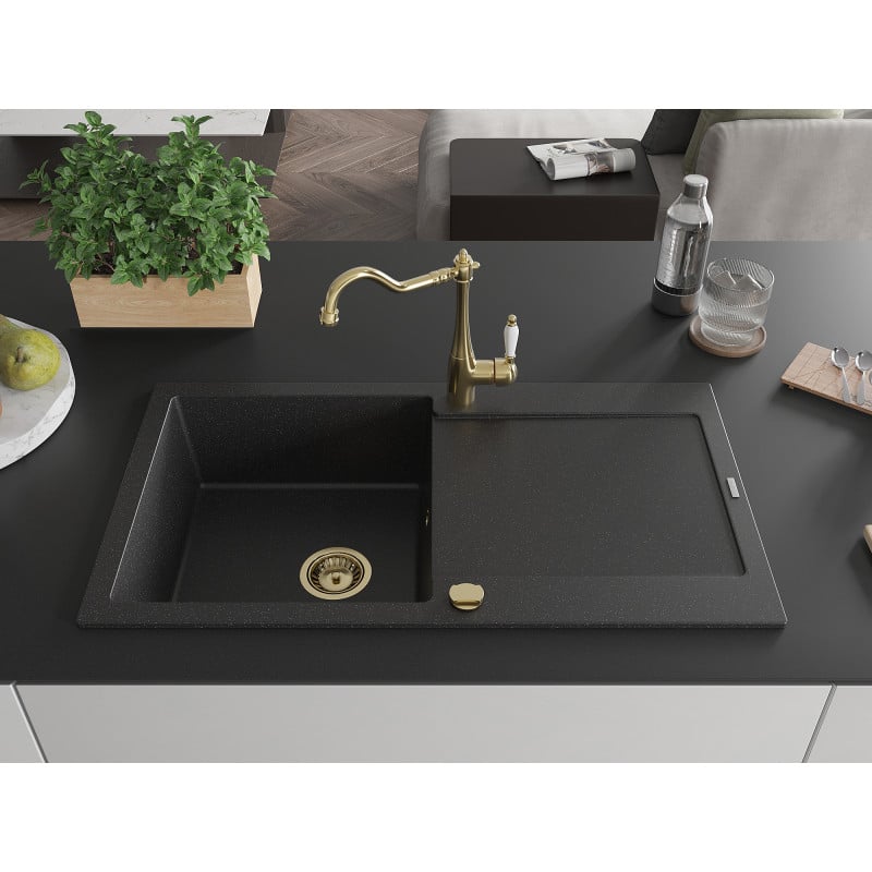 Mexen Leo Granitspüle 1-Becken mit Abtropffläche und Küchenarmatur Carla, Schwarz/Silber Metallic - 6501-73-670700-50