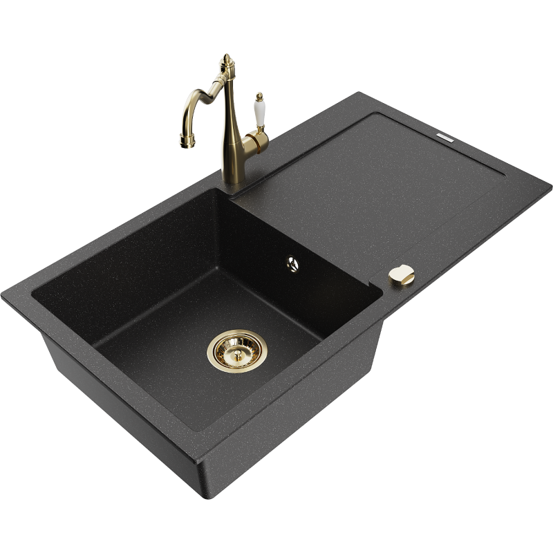Mexen Leo Granitspüle 1-Becken mit Abtropffläche und Küchenarmatur Carla, Schwarz/Silber Metallic - 6501-73-670700-50