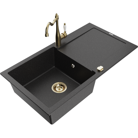 Mexen Leo Granitspüle 1-beckig mit Abtropffläche und Küchenarmatur Carla, schwarz/silber metallic - 6501-73-670700-50