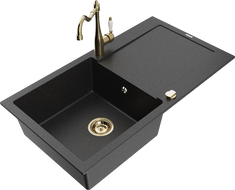 Mexen Leo Granitspüle 1-Becken mit Abtropffläche und Küchenarmatur Carla, Schwarz/Silber Metallic - 6501-73-670700-50