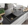 Mexen Leo Granitspüle 1-beckig mit Abtropffläche und Küchenarmatur Carla, schwarz/silber metallic - 6501-73-670700-50
